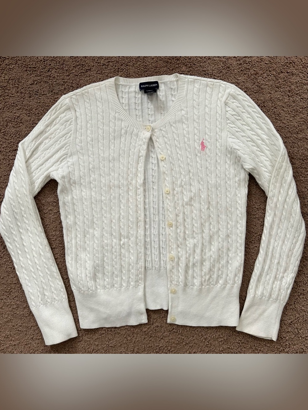 Ralph Lauren Girl Off White Cable-Knit Cardigan Sweater with Pink Pony L 12 14